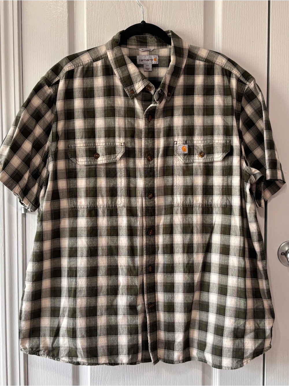 Carhartt Plaid Work Shirt Mens 2XL Relaxed Fit Short Sleeve Green